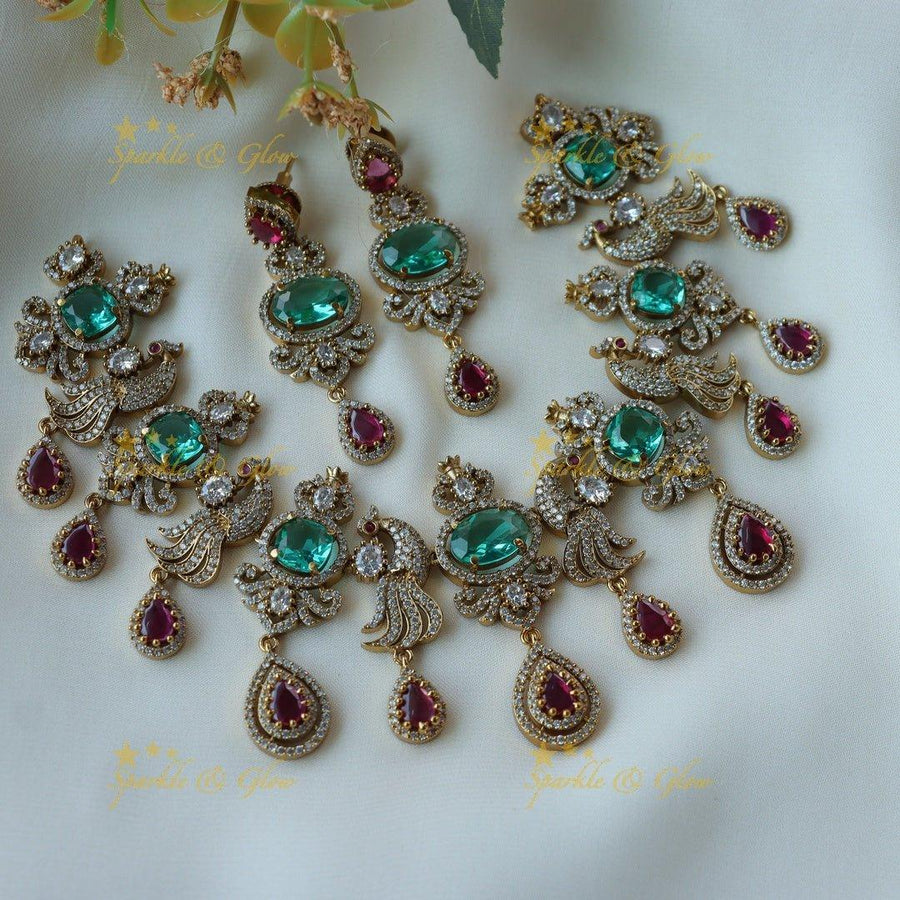 Elegant sea blue colour stone and peacock design short necklace - Sparkle and Glow