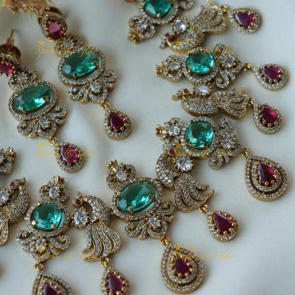 Elegant sea blue colour stone and peacock design short necklace - Sparkle and Glow