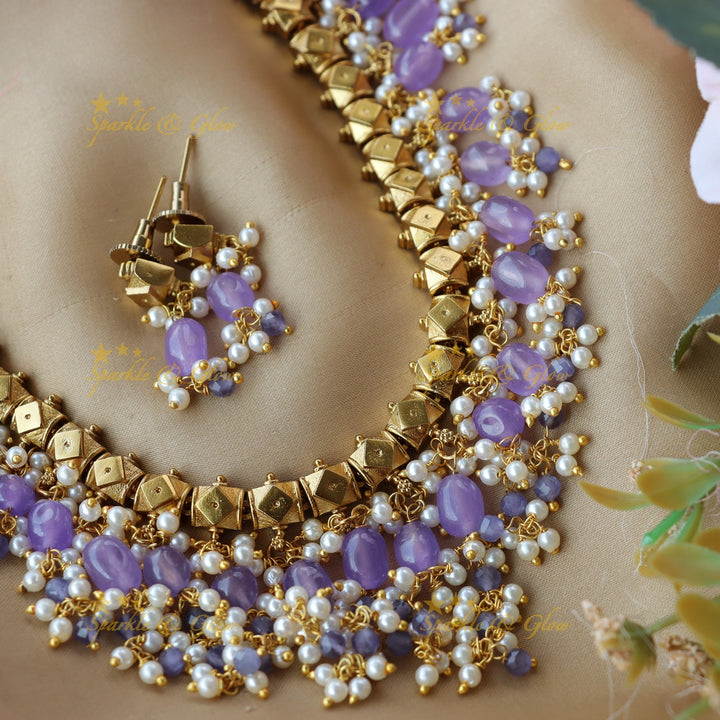 Elegant pearl and purple beads short necklace - Purple