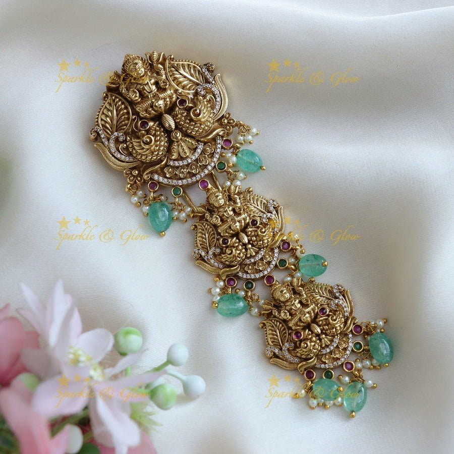 Stunning Idol Lakshmi Leaf carved Jadau Hairpin with mintgreen beads - Sparkle and Glow