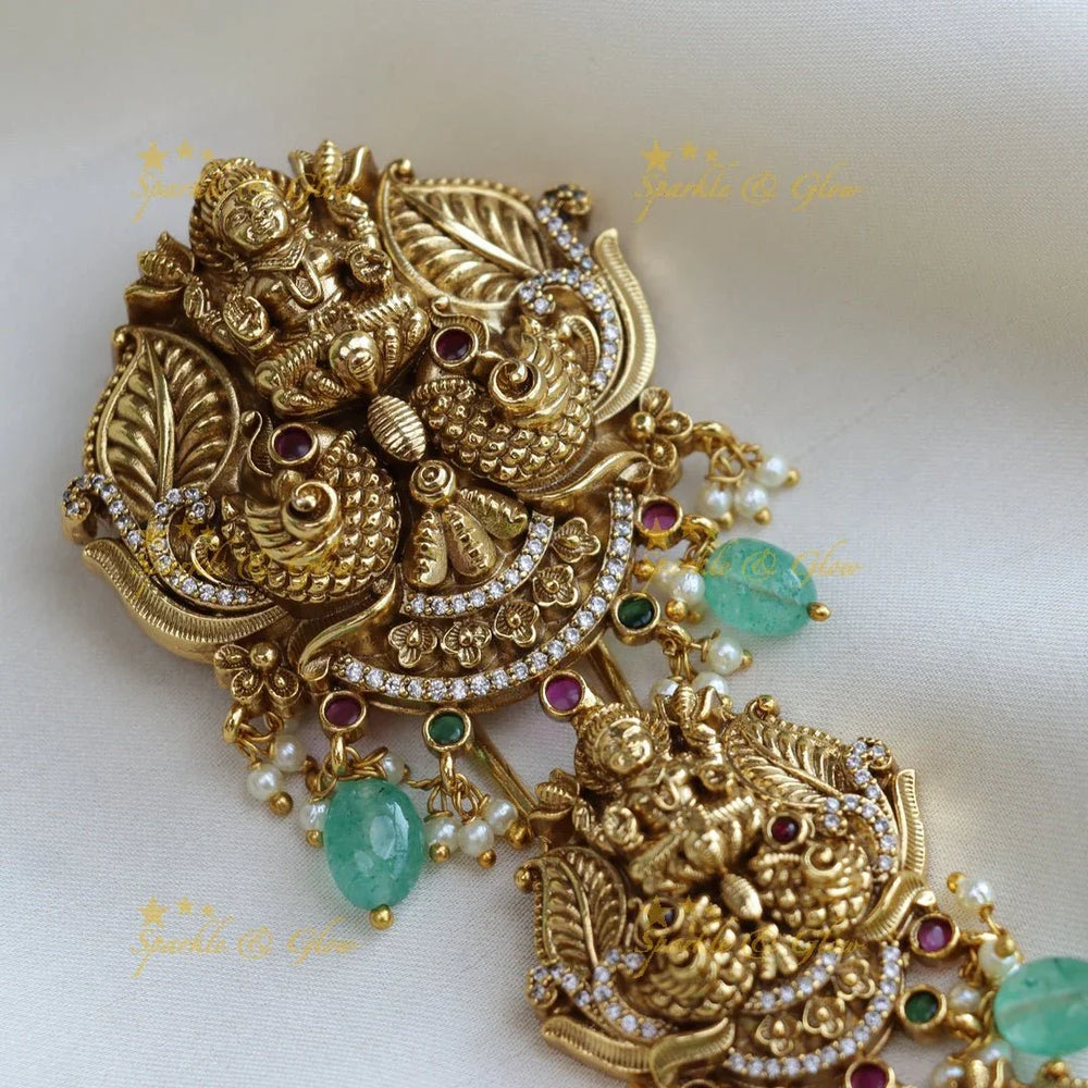 Stunning Idol Lakshmi Leaf carved Jadau Hairpin with mintgreen beads - Sparkle and Glow