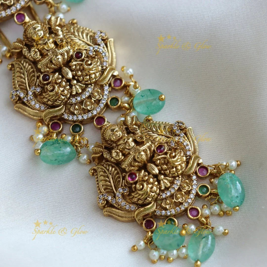 Stunning Idol Lakshmi Leaf carved Jadau Hairpin with mintgreen beads - Sparkle and Glow