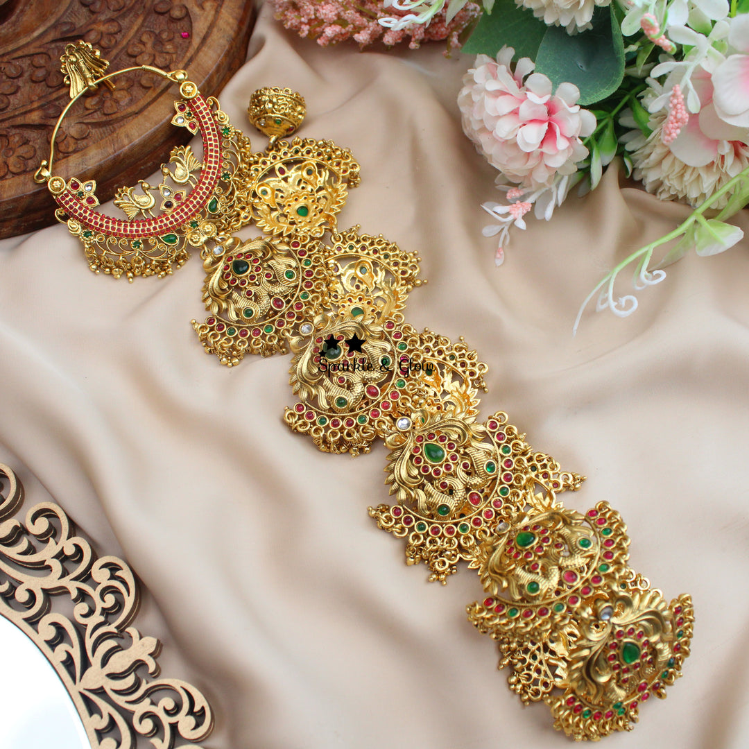 Antique Gold alike Peacock Floral carved Kemp Chandbali Jadabilla