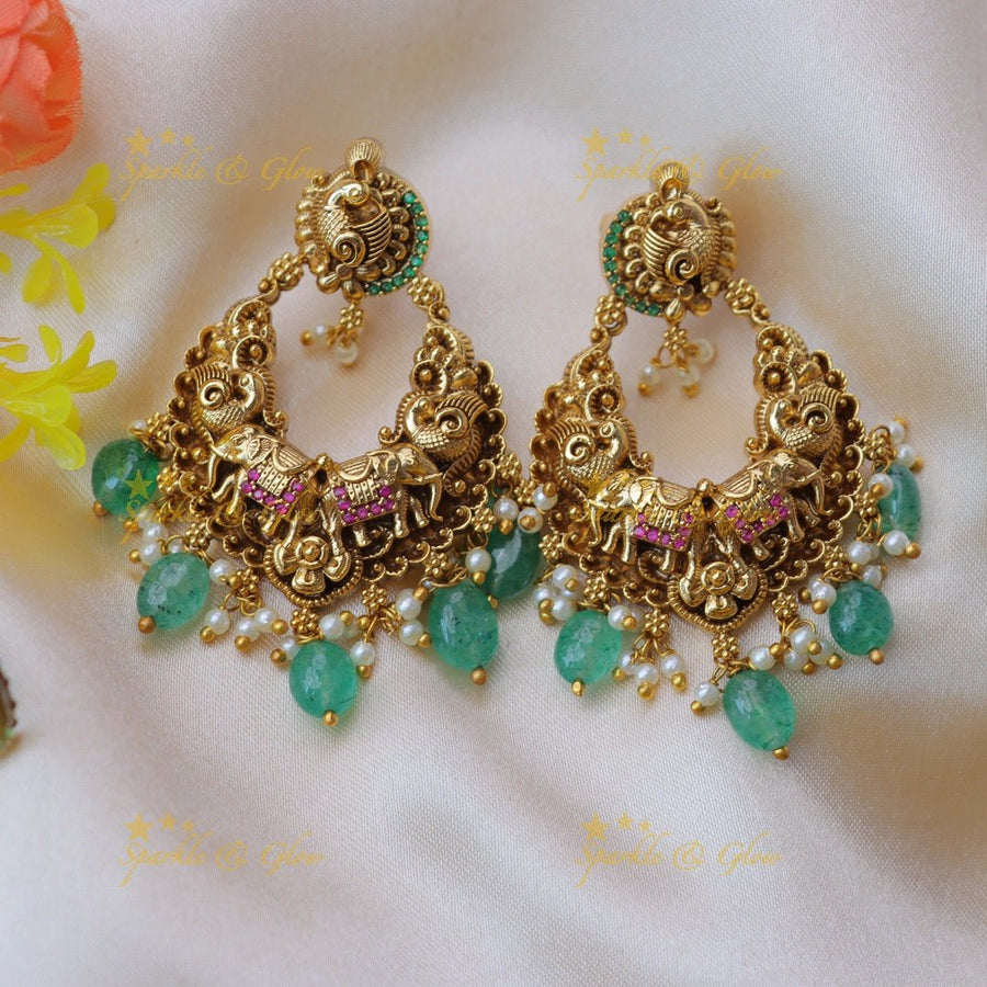 Grand peacock and elephant design chaandbalis with mint green beads and pearl - Sparkle and Glow - 