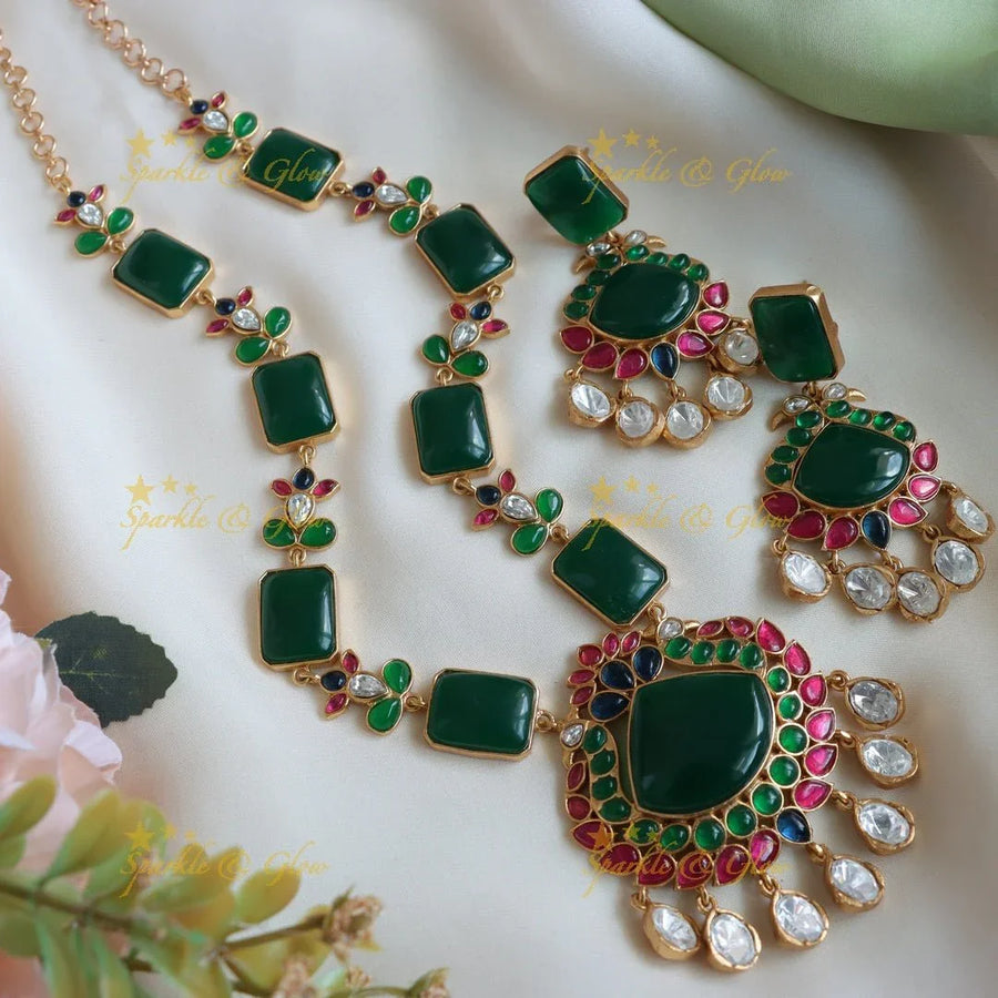 Stunning multi colour Jadau fusion with natural stones necklace - Sparkle and Glow