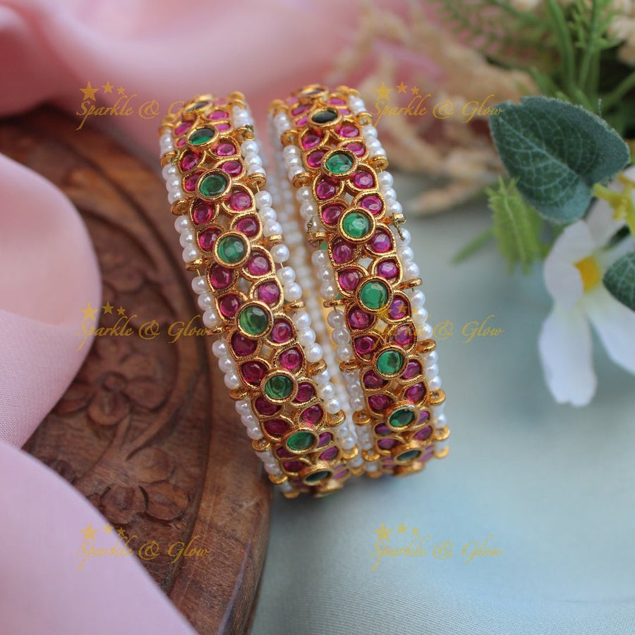 Beautiful flower design kemp stone and pearl bangles - 2.4 - Sparkle and Glow - 2.4 - 