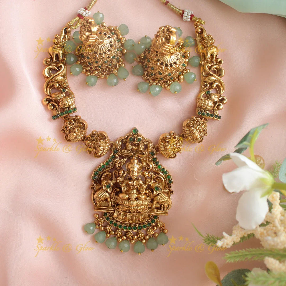 Stunning lakshmi and elephant design short necklace - Green and Pink - Sparkle and Glow