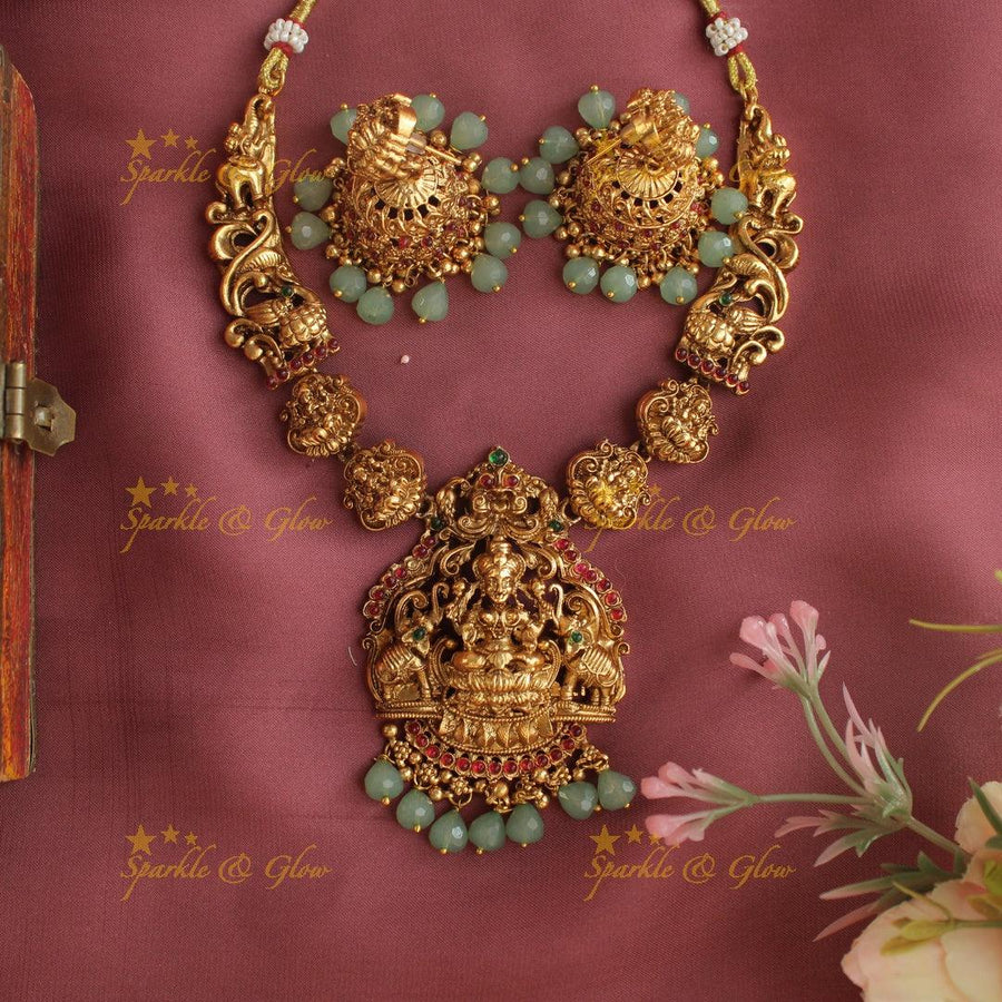 Stunning lakshmi and elephant design short necklace - Green and Pink - Sparkle and Glow