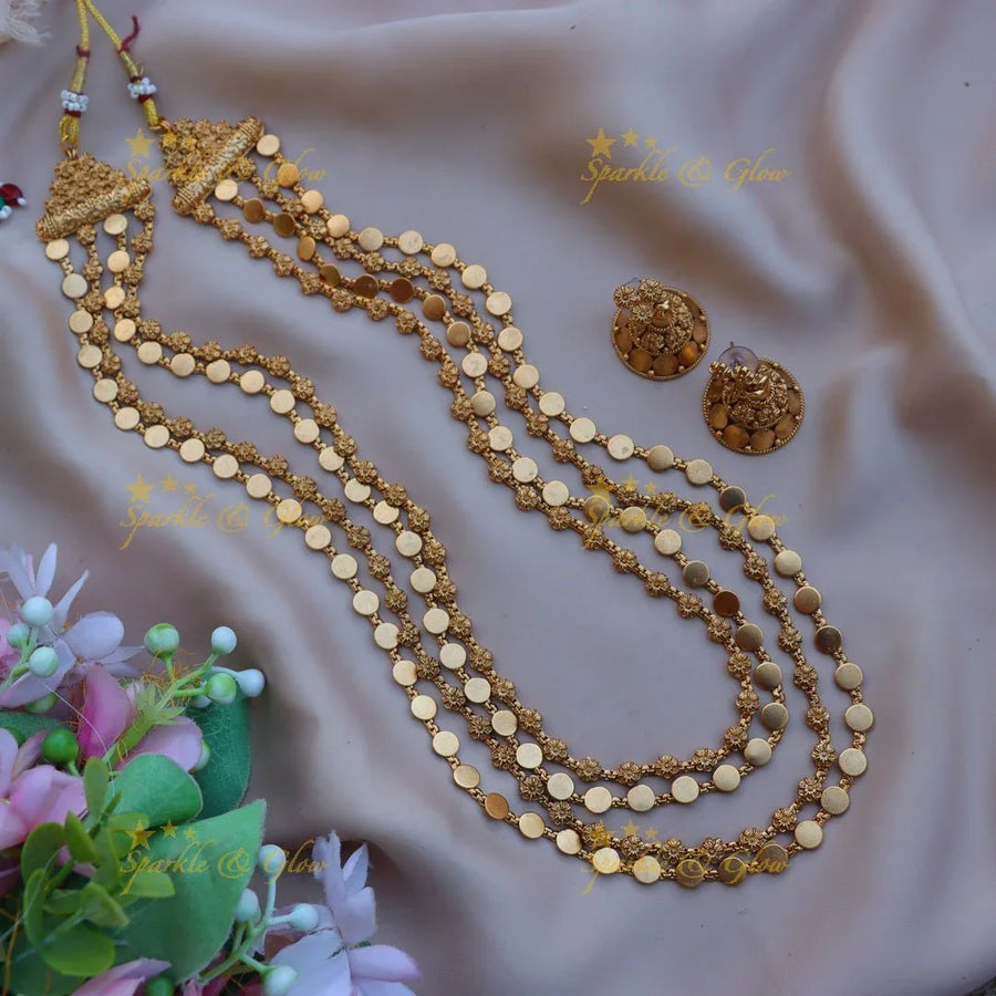 Beautiful Gold alike floral and gold coin design four layer long necklace - Sparkle and Glow