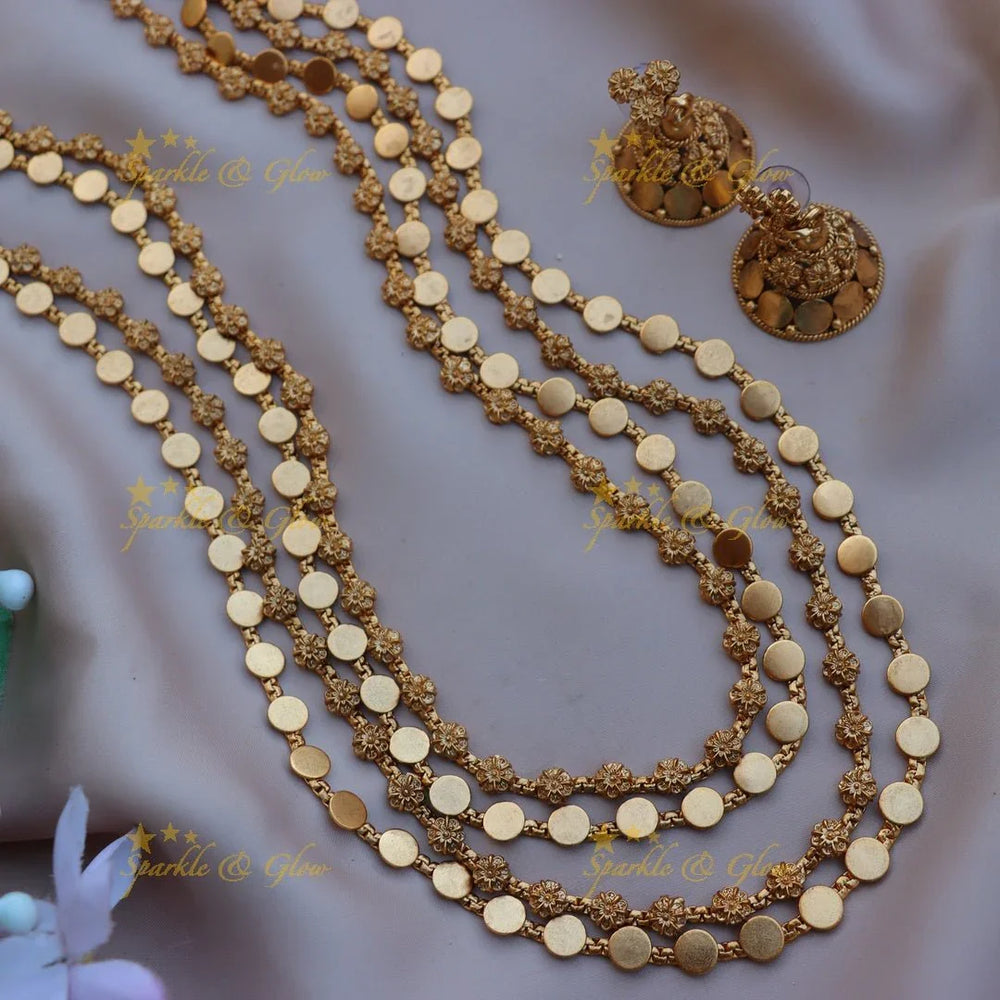 Beautiful Gold alike floral and gold coin design four layer long necklace - Sparkle and Glow