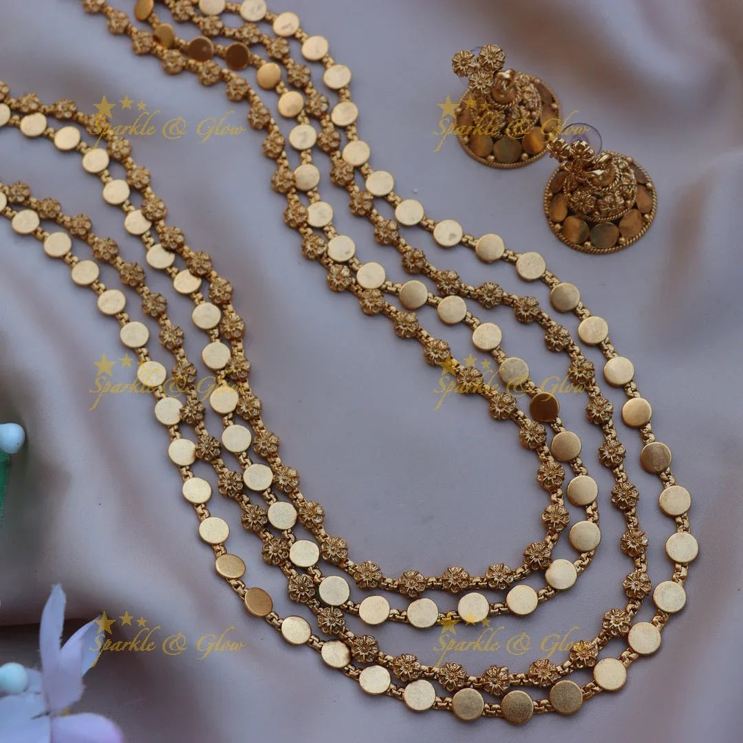 Beautiful Gold alike floral and gold coin design four layer long necklace - Sparkle and Glow