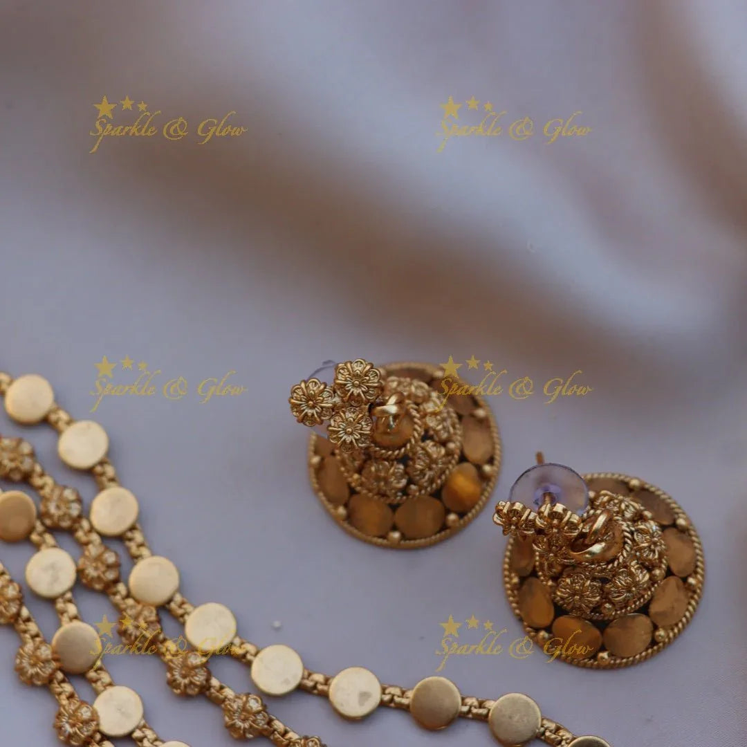 Beautiful Gold alike floral and gold coin design four layer long necklace - Sparkle and Glow