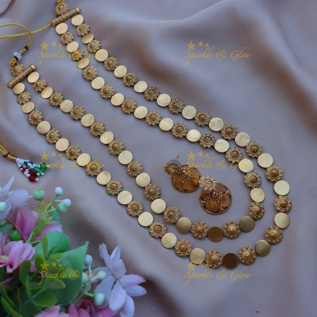 Beautiful Gold alike floral and gold coin design two layer long necklace - Sparkle and Glow