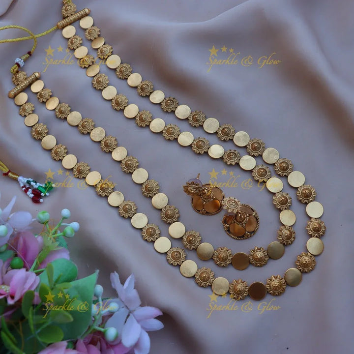 Beautiful Gold alike floral and gold coin design two layer long necklace - Sparkle and Glow