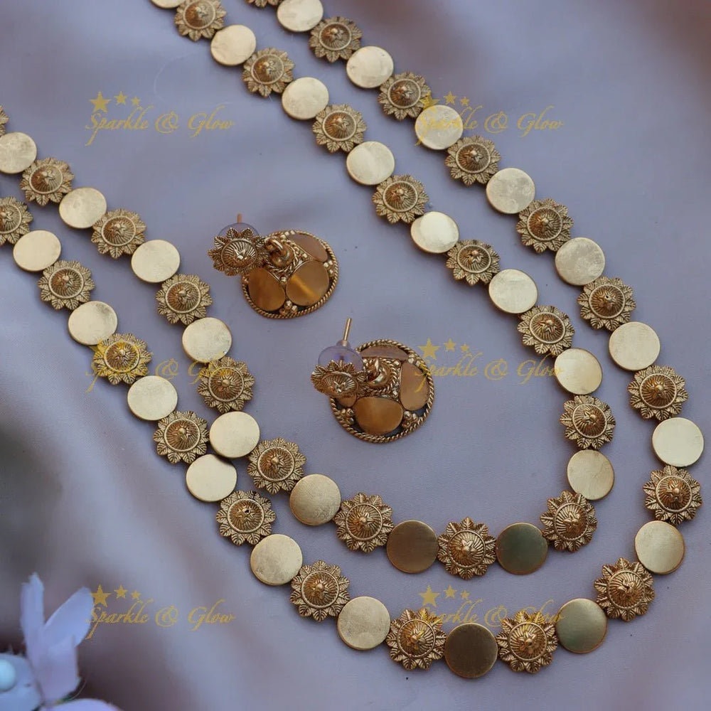 Beautiful Gold alike floral and gold coin design two layer long necklace - Sparkle and Glow