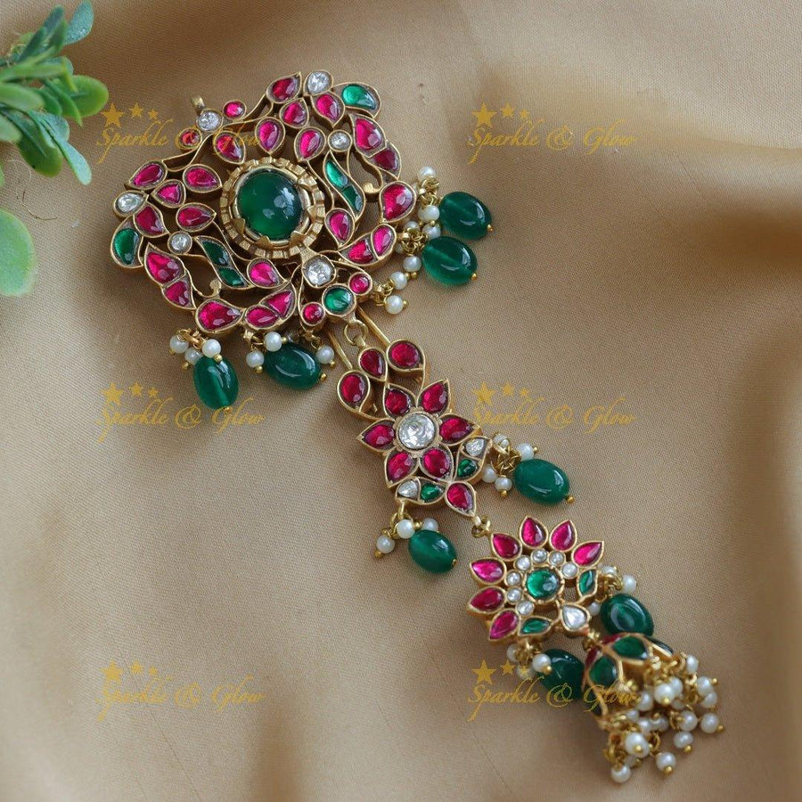 Intricately carved Jadau Kundan Floral Hairpin with green beads - Sparkle and Glow