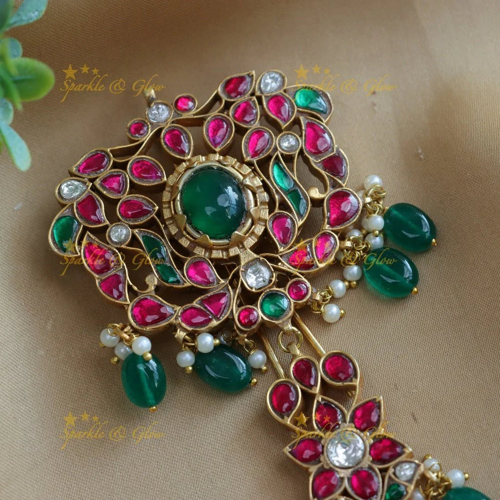 Intricately carved Jadau Kundan Floral Hairpin with green beads - Sparkle and Glow
