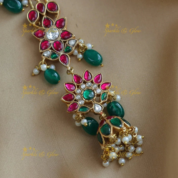 Intricately carved Jadau Kundan Floral Hairpin with green beads - Sparkle and Glow