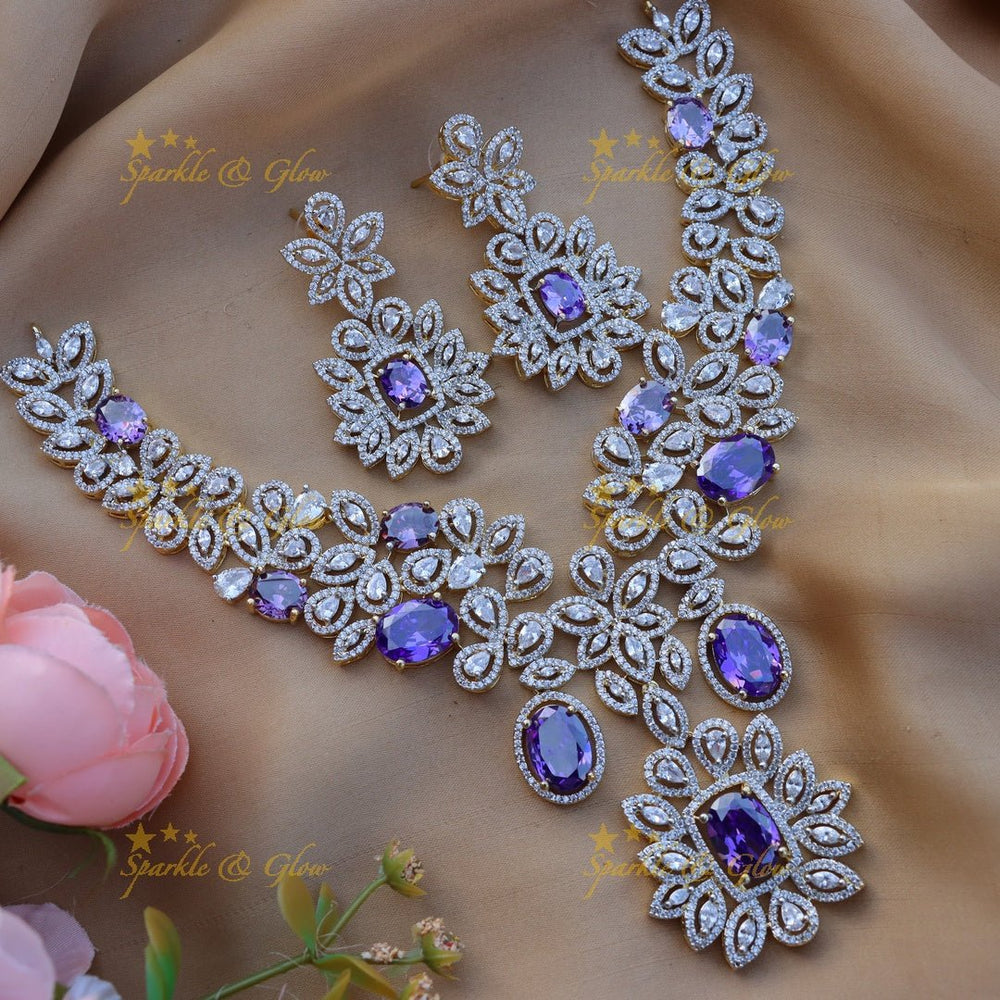 Gracious Flower design American diamond short necklace - Purple - Sparkle and Glow - 