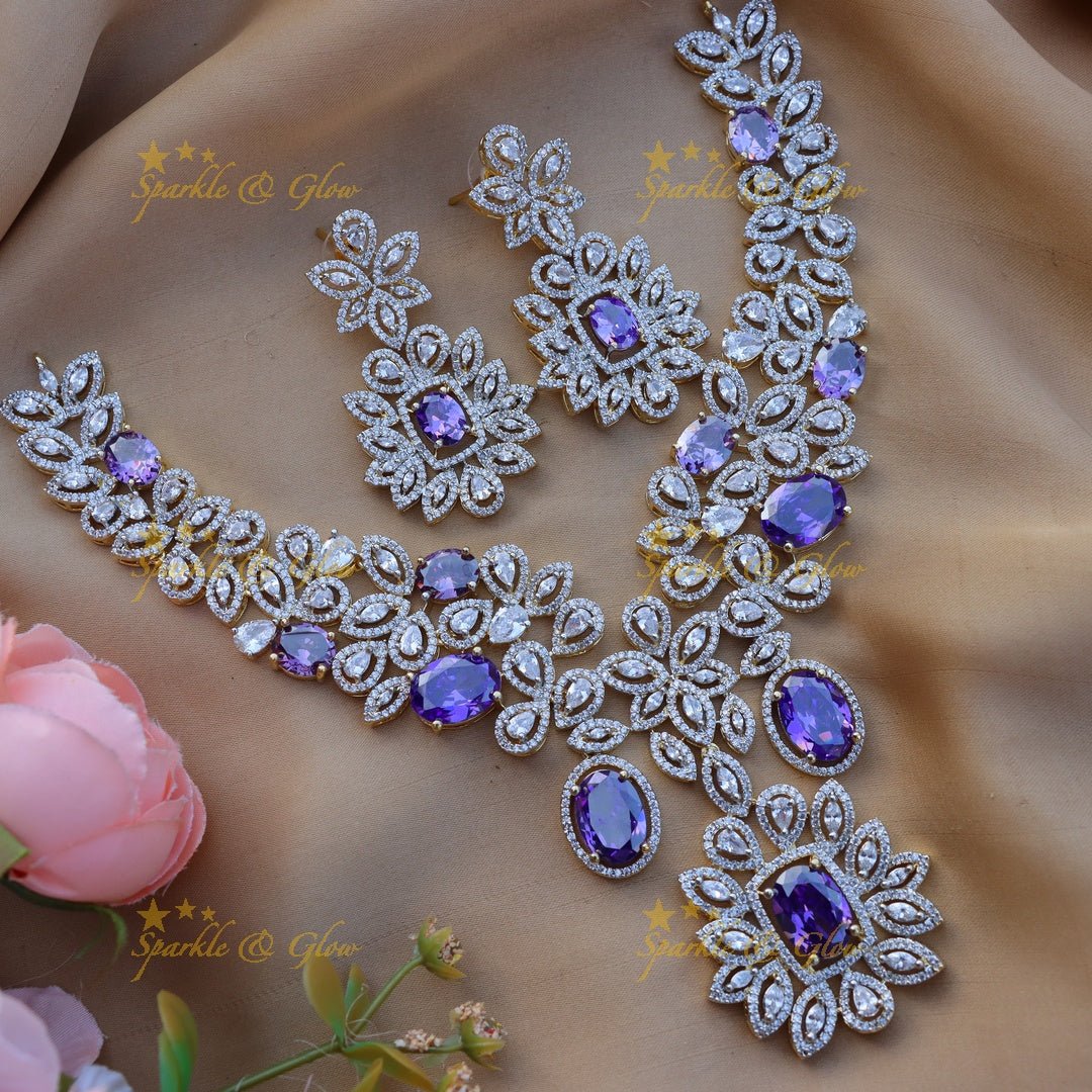 Gracious Flower design American diamond short necklace - Purple - Sparkle and Glow - 