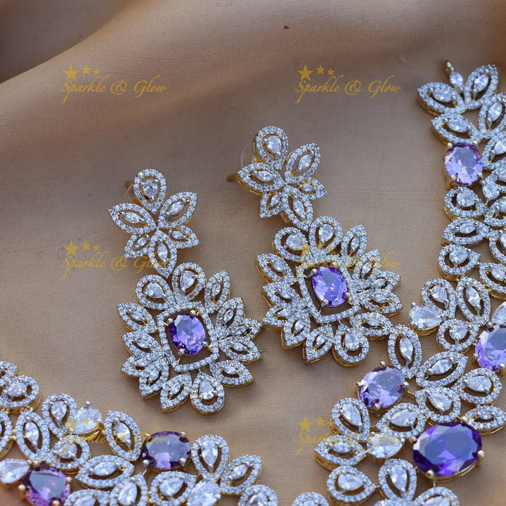 Gracious Flower design American diamond short necklace - Purple - Sparkle and Glow - 