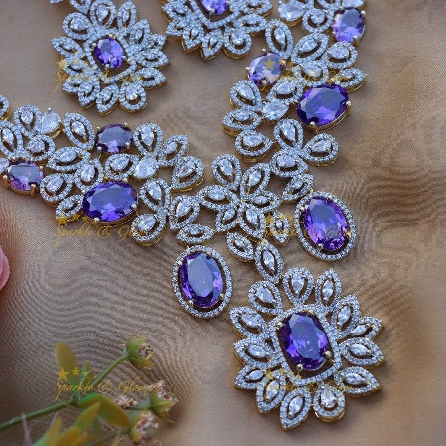 Gracious Flower design American diamond short necklace - Purple - Sparkle and Glow - 