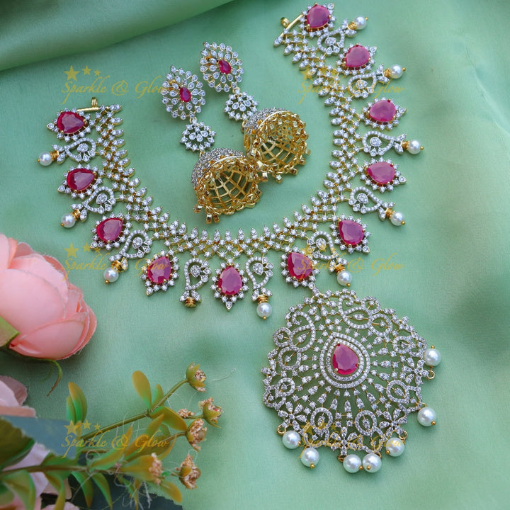 Stunning Floral Mango design carved American diamond short necklace-Ruby