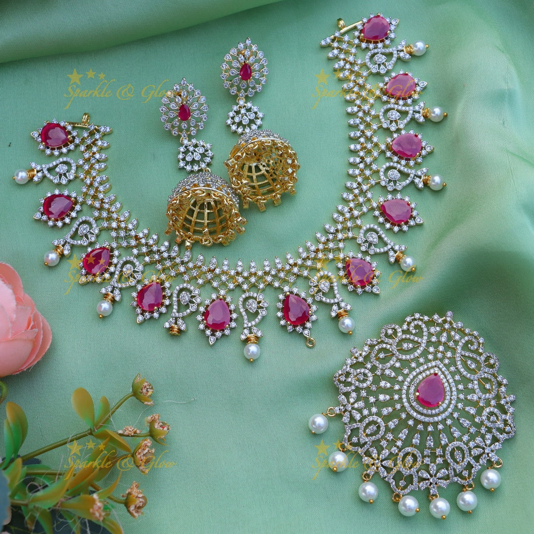 Stunning Floral Mango design carved American diamond short necklace-Ruby