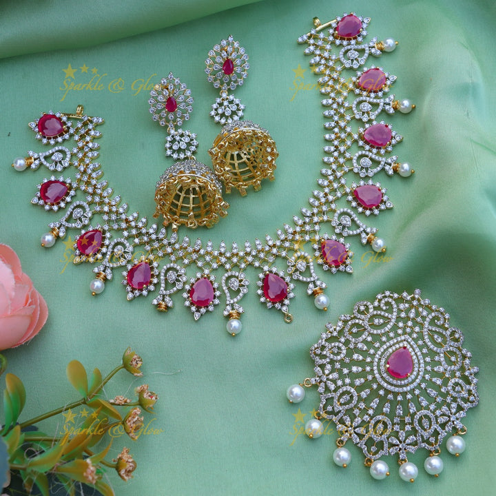 Stunning Floral Mango design carved American diamond short necklace-Ruby
