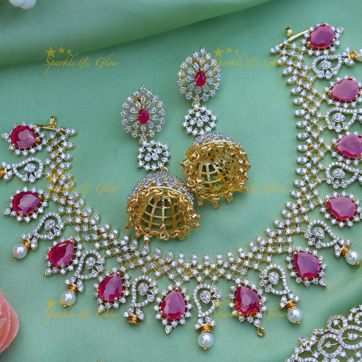 Stunning Floral Mango design carved American diamond short necklace-Ruby