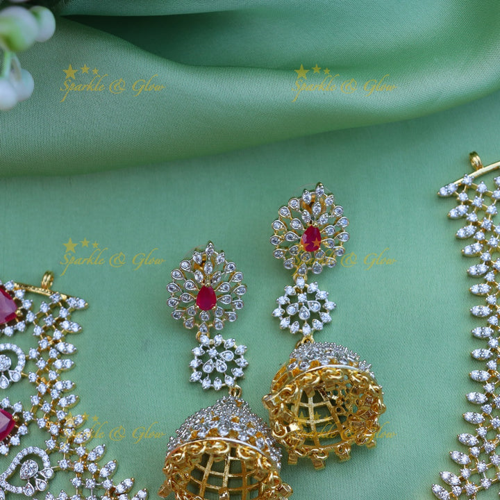 Stunning Floral Mango design carved American diamond short necklace-Ruby