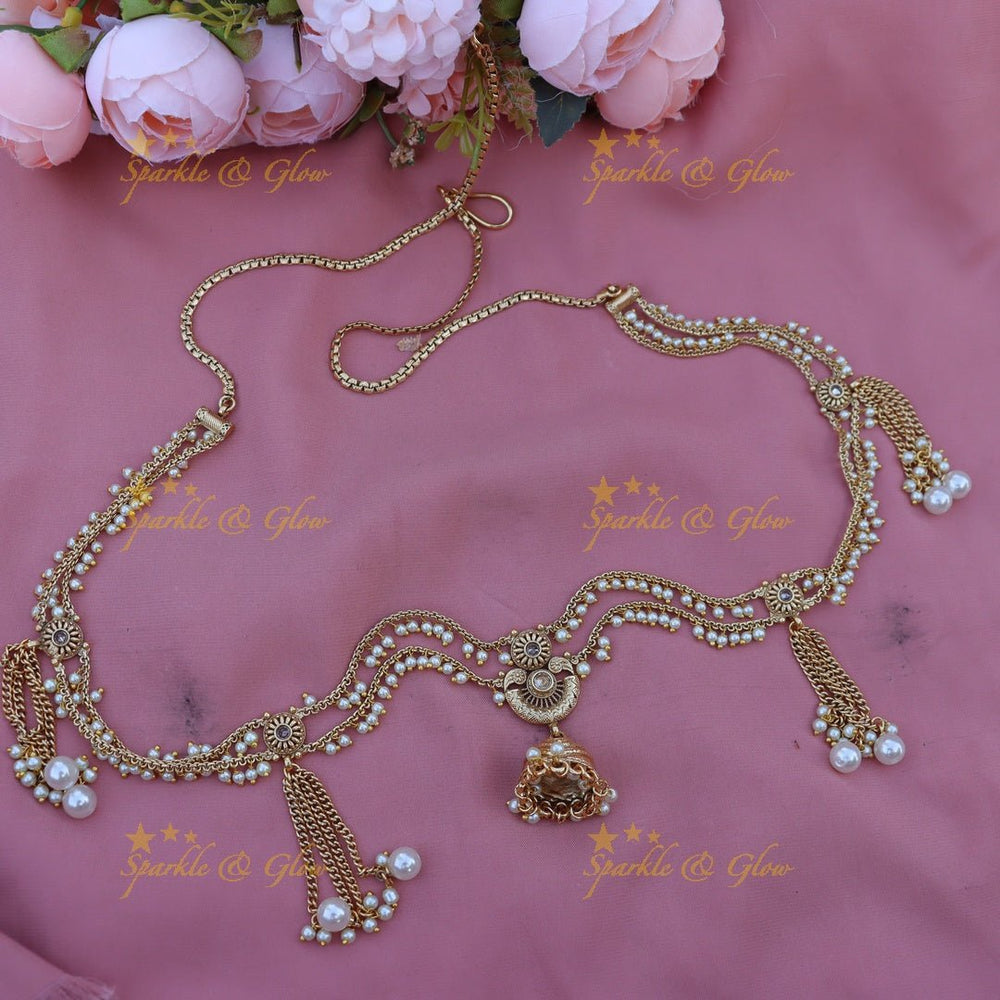 Gorgeous pearl and jumka design gold alike hip chain - White - Sparkle and Glow - White - 