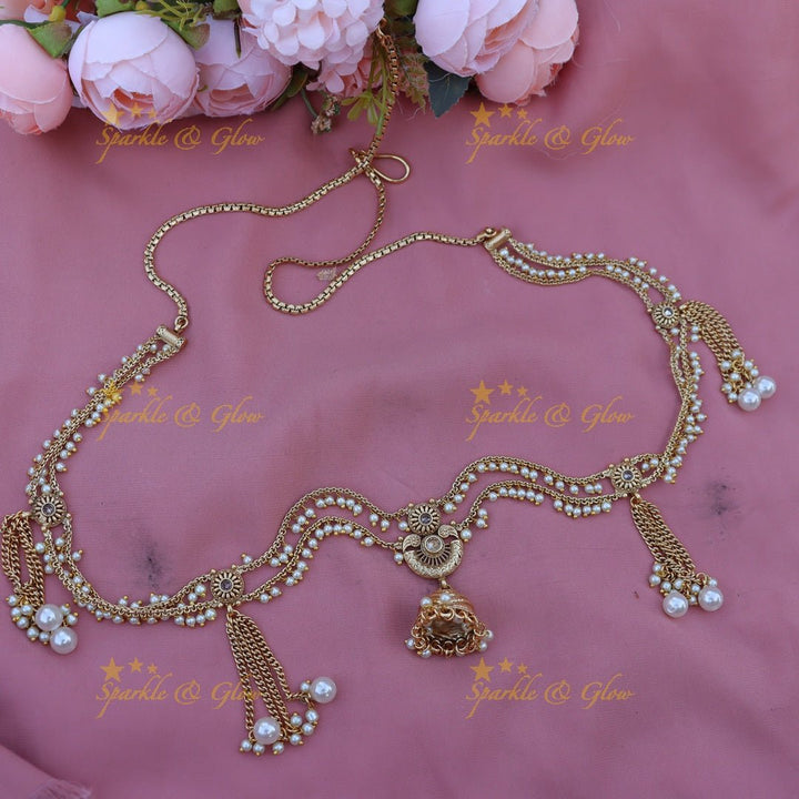 Gorgeous pearl and jumka design gold alike hip chain - White - Sparkle and Glow - White - 