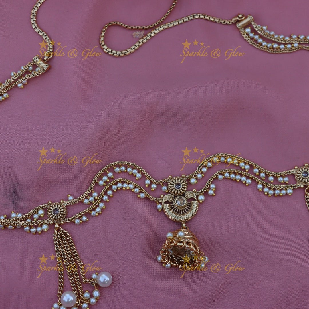 Gorgeous pearl and jumka design gold alike hip chain - White - Sparkle and Glow - Green - 