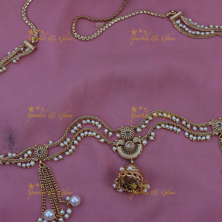 Gorgeous pearl and jumka design gold alike hip chain - White - Sparkle and Glow - Green - 