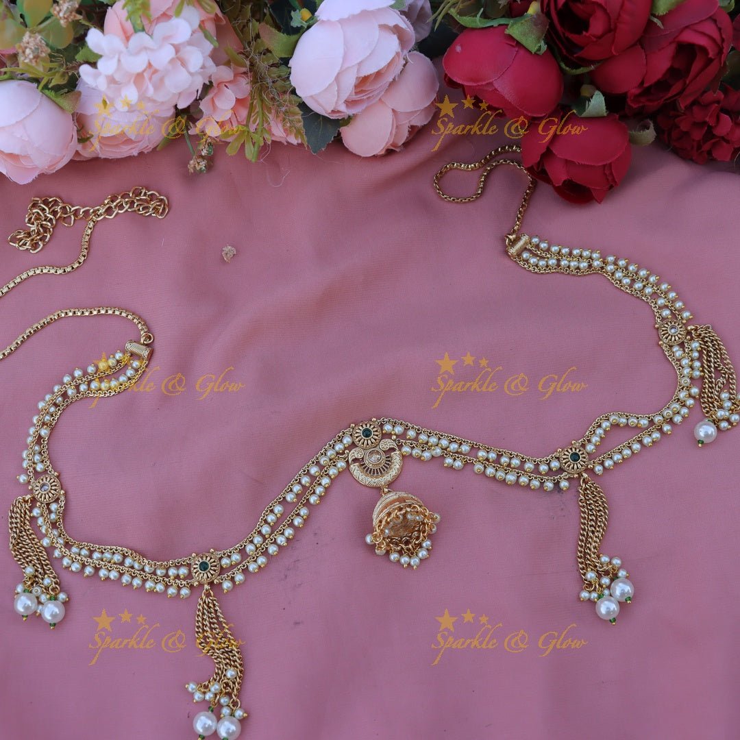 Gorgeous pearl and jumka design gold alike hip chain - White - Sparkle and Glow - Green - 
