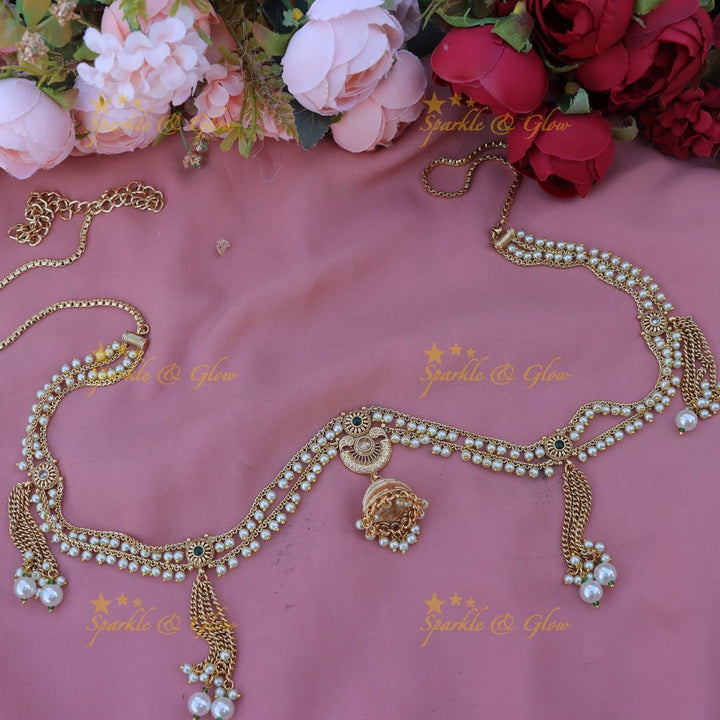 Gorgeous pearl and jumka design gold alike hip chain - White - Sparkle and Glow - Green - 