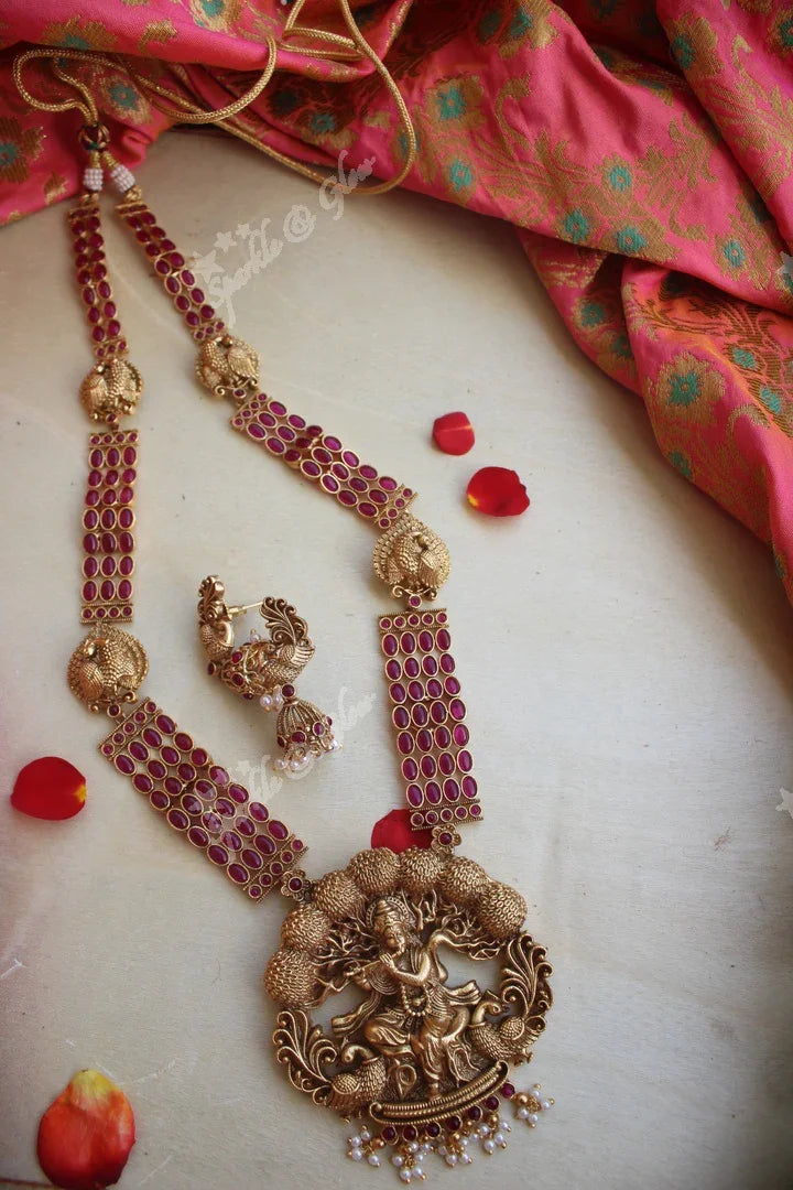 Elegant Krishna Playing flute three layer kemp haram - Kemp Green - Sparkle and Glow