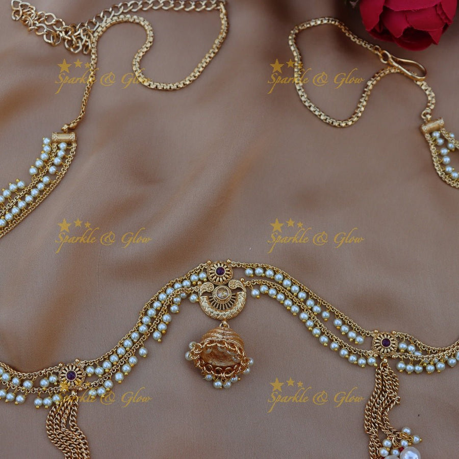 Gorgeous pearl and jumka design gold alike hip chain - White - Sparkle and Glow - White - 