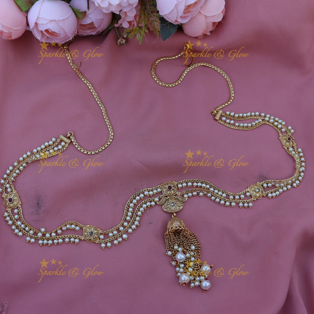 Pretty pearl and flower design gold hip chain - Sparkle and Glow - 