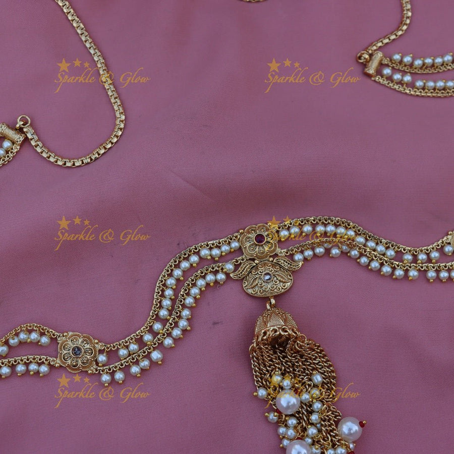 Pretty pearl and flower design gold hip chain - Sparkle and Glow - 