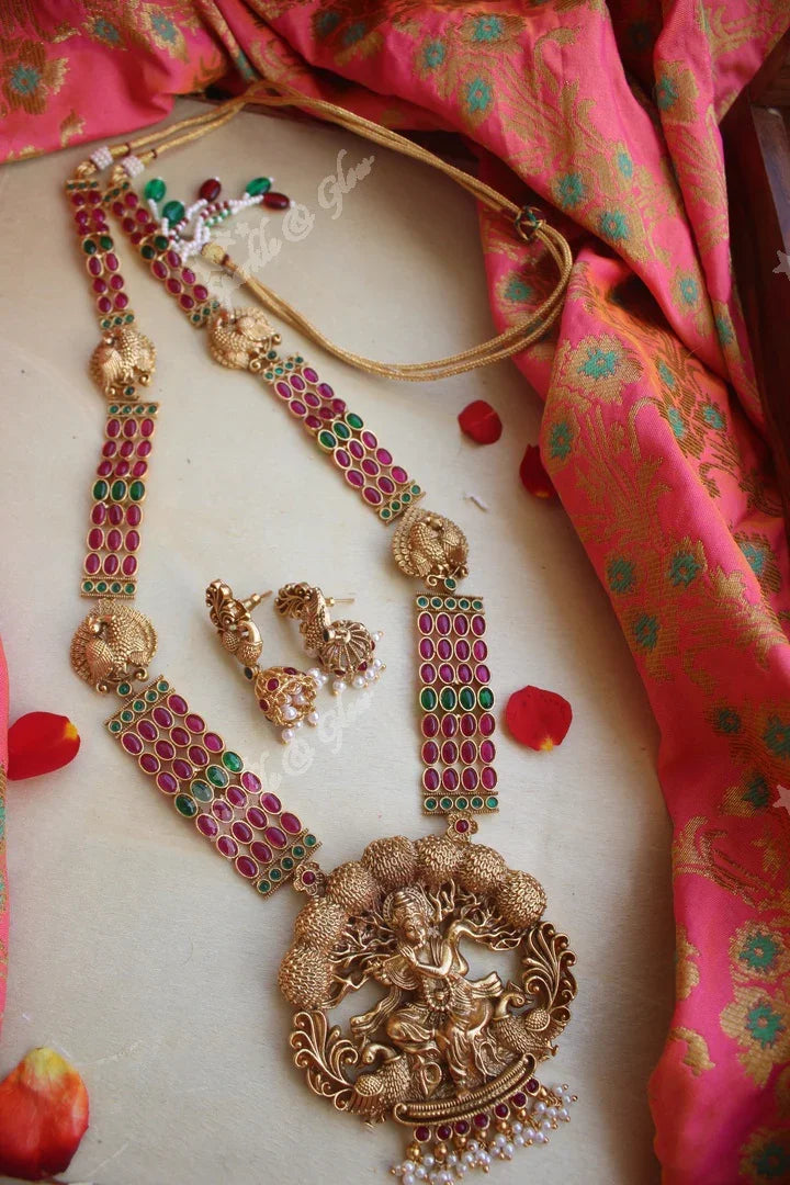 Elegant Krishna Playing flute three layer kemp haram - Kemp Green - Sparkle and Glow