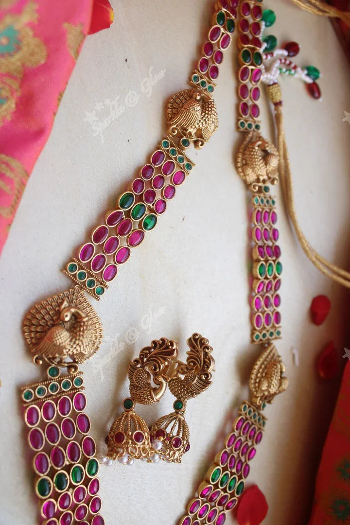 Elegant Krishna Playing flute three layer kemp haram - Kemp Green - Sparkle and Glow