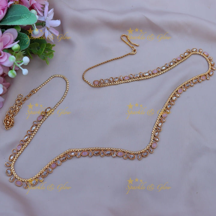 Pretty CZ stones thin hip chain - Green - Sparkle and Glow - Light Pink - 