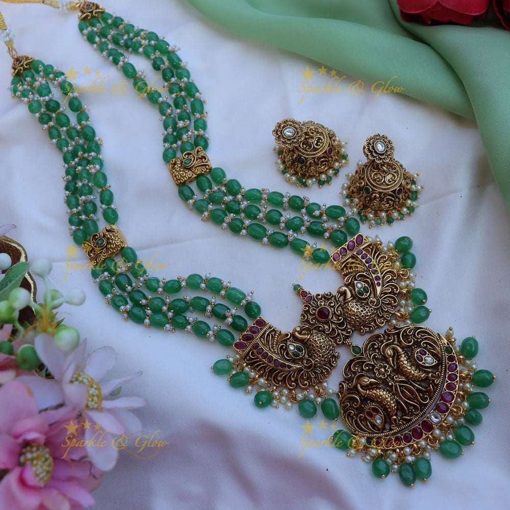 Stunning peacock design green beads and kemp stone long necklace - Sparkle and Glow - Back Thread - 
