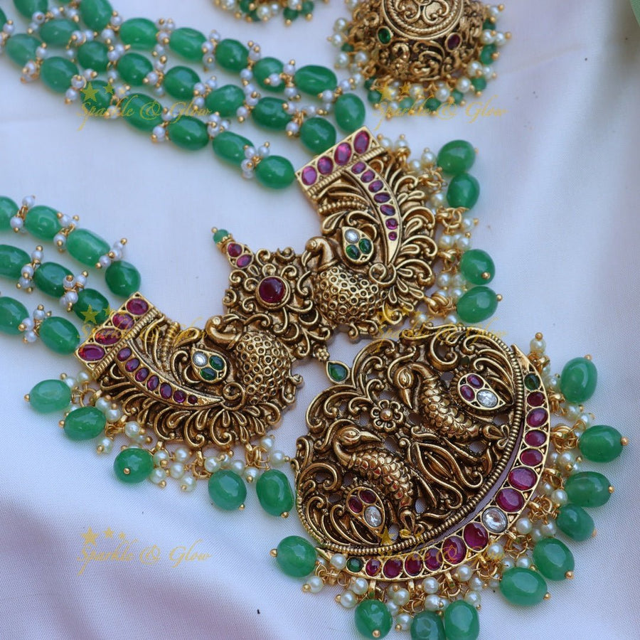 Stunning peacock design green beads and kemp stone long necklace - Sparkle and Glow - Back Thread - 