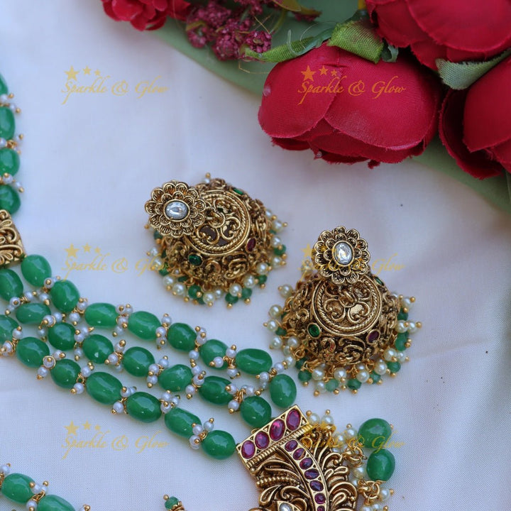 Stunning peacock design green beads and kemp stone long necklace - Sparkle and Glow - Back Thread - 