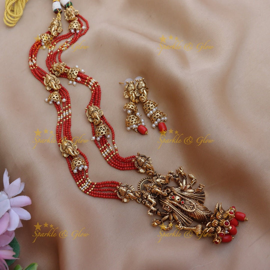 Gorgeous lord ganesha pendant red beads long necklace - Red - Sparkle and Glow - 