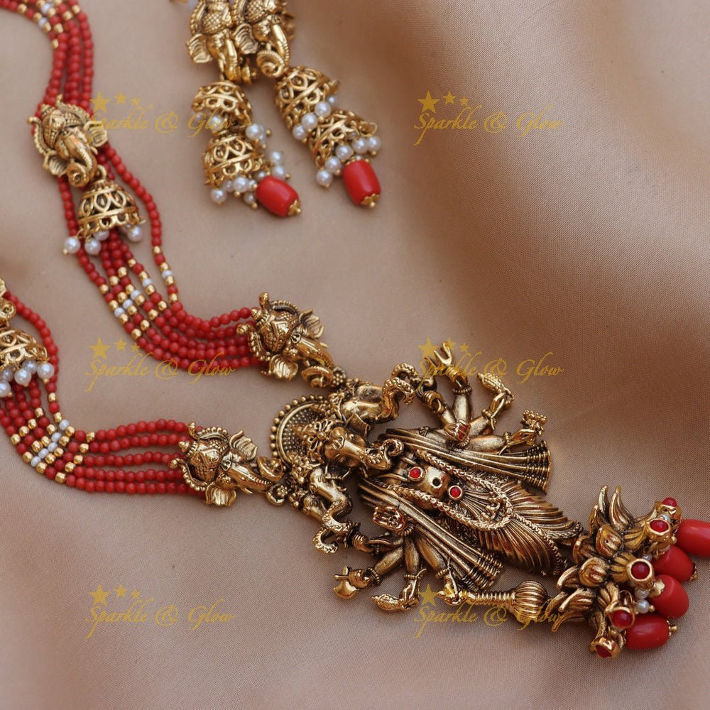 Gorgeous lord ganesha pendant red beads long necklace - Red - Sparkle and Glow - 