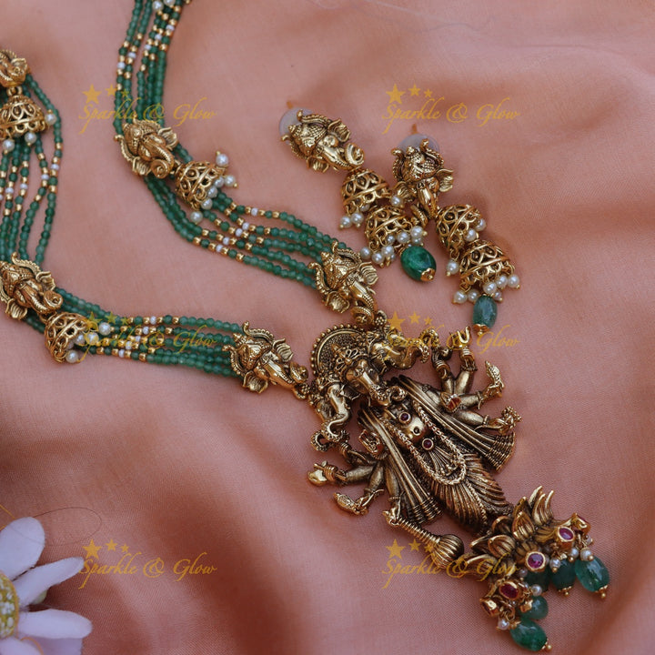 Gorgeous lord ganesha pendant Green beads long necklace - Green